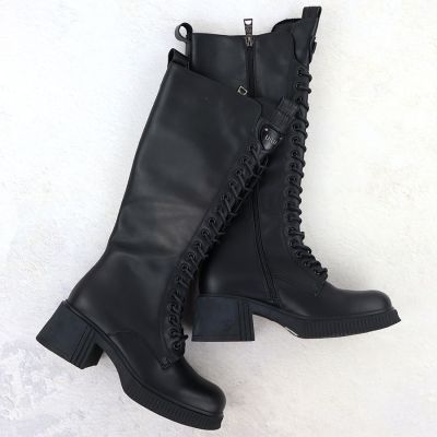 2. Women’s Leather Lace-Up Officer Boots with Block Heel, Black, Vinceza 66804