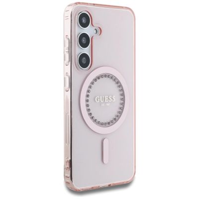 4. Guess Rhinestones Printed Classic Logo MagSafe Samsung Galaxy S25 Case Pink