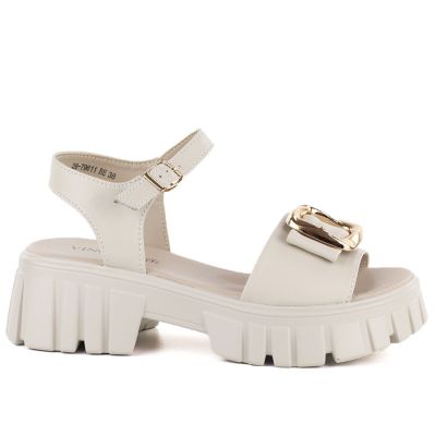 2. Women's leather sandals on a platform with decoration, beige Vinceza 26-79611