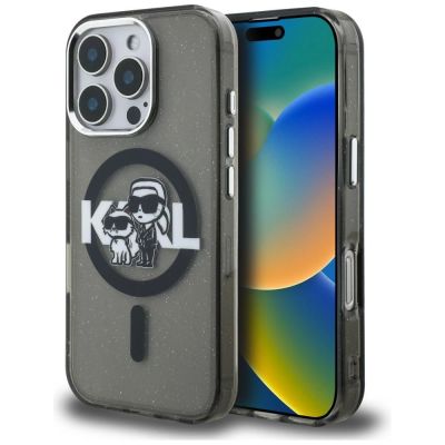 Karl Lagerfeld IML Glitter Karl & Choupette Sketch Logo MagSafe Case for iPhone 16 Pro Max - Black