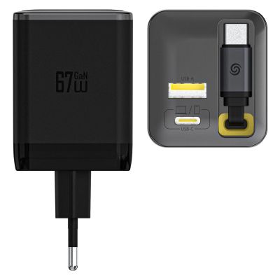 3. Dudao A67EU GaN 67W Wall Charger with Built-in Retractable USB-C Power Delivery Quick Charge Cable - Black