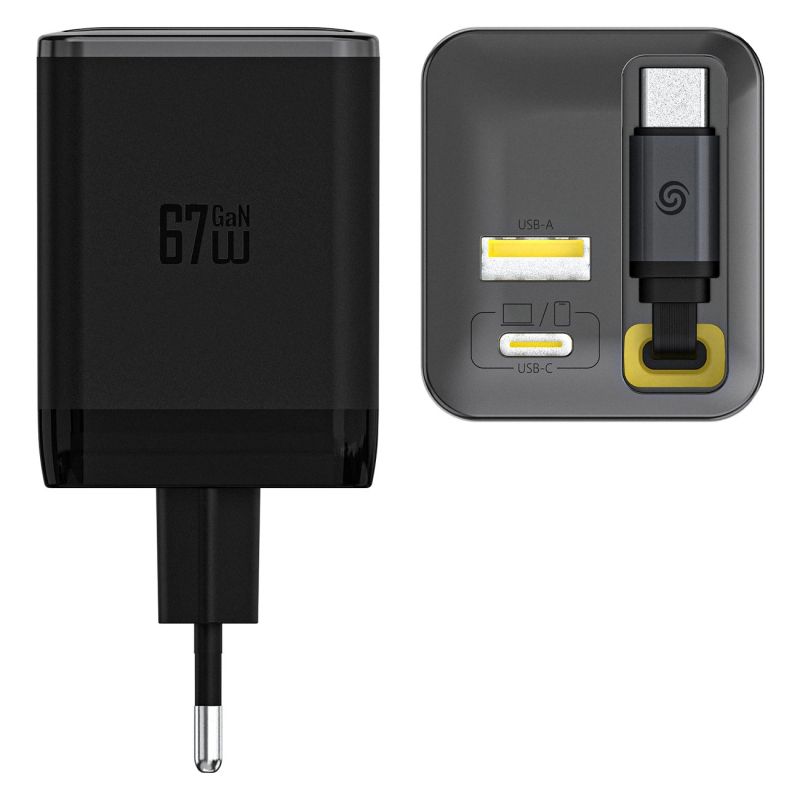 3. Dudao A67EU GaN 67W Wall Charger with Built-in Retractable USB-C Power Delivery Quick Charge Cable - Black