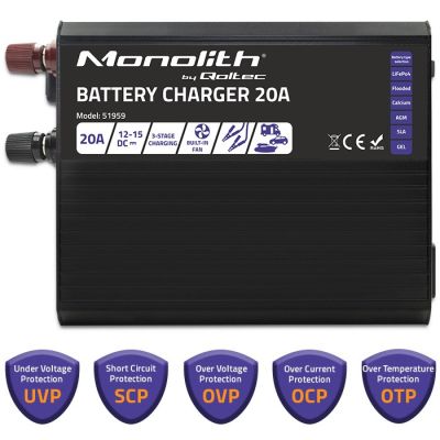 4. Qoltec Intelligent Monolith Charger for LiFePO4 AGM GEL SLA Batteries, 20A, 12V