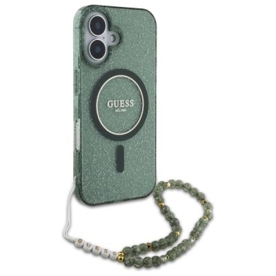 3. Guess IML Glitter With Pearl Strap MagSafe case for iPhone 16 - green
