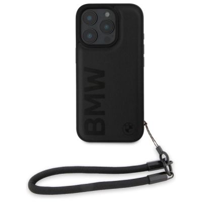 2. BMW Signature Leather Wordmark Cord Case for iPhone 16 Pro - Black