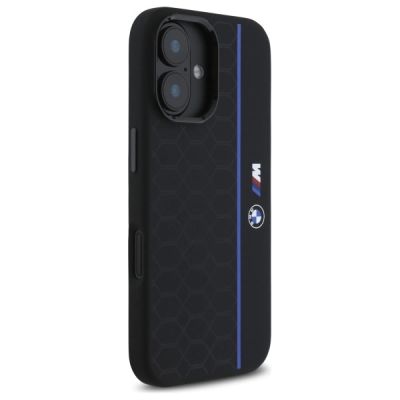 4. BMW Silicone Hexagon Blue Line MagSafe iPhone 16 Case - Black