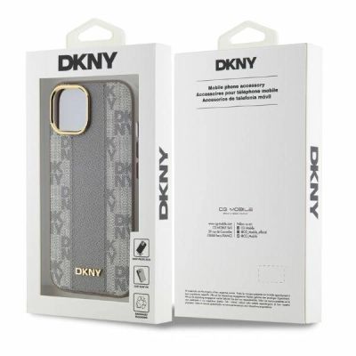 5. DKNY Leather Checkered Mono Pattern MagSafe iPhone 15 Case - Beige
