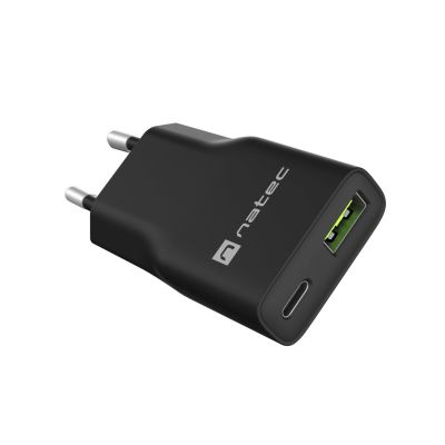 9. NATEC RIBERA GAN SLIM WALL CHARGER 1X USB-A + 1X USB-C 20W BLACK