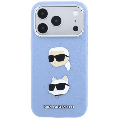 3. Karl Lagerfeld Saffiano with Karl & Choupette Heads Pins & Logo case for iPhone 18 Pro / 17 Pro - light blue