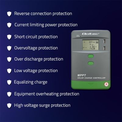5. Qoltec MPPT Solar Charge Controller with Temperature Sensor 10A | 12V / 24V | LCD | 2 x USB | Bluetooth | APP | GEL | LiFePO4