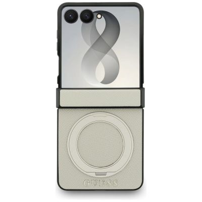 2. Guess Magnetic Ring Stand Grained Classic Logo MagSafe case for Samsung Galaxy Z Flip 8 - beige