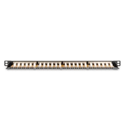 18. High density patch panel 19'' 24x RJ45, LSA level, cat.6, shielded, 0.5U, black, cable guide