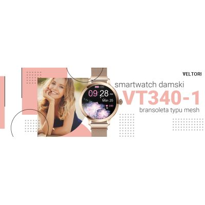 13. VELTORI VT340-1 Women's Smartwatch Gold Bracelet + Pink Silicone Strap