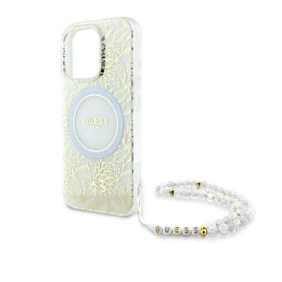 5. Guess IML Flowers Allover Electro With Pearl Strap MagSafe case for iPhone 16 Pro - white
