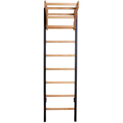 18. GYMNASTIC WOODEN AND METAL WALL BAR WITH 4 HANDLES WITH A WOODEN BAR BENCHK 211B