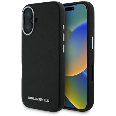 Karl Lagerfeld Saffiano Full Wrapped Elongated Metal Logo MagSafe Case for iPhone 16 - Black