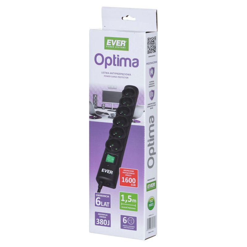 8. Ever OPTIMA surge protector 1.5m (6 x UTE; 10 A; black) (T/LZ08-OPT015/0000)