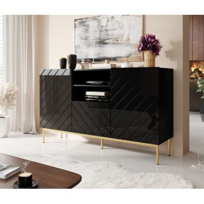 ABETO chest of drawers on a gold steel frame, 150x42x90, black/gloss black