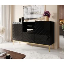 ABETO chest of drawers on a gold steel frame, 150x42x90, black/gloss black