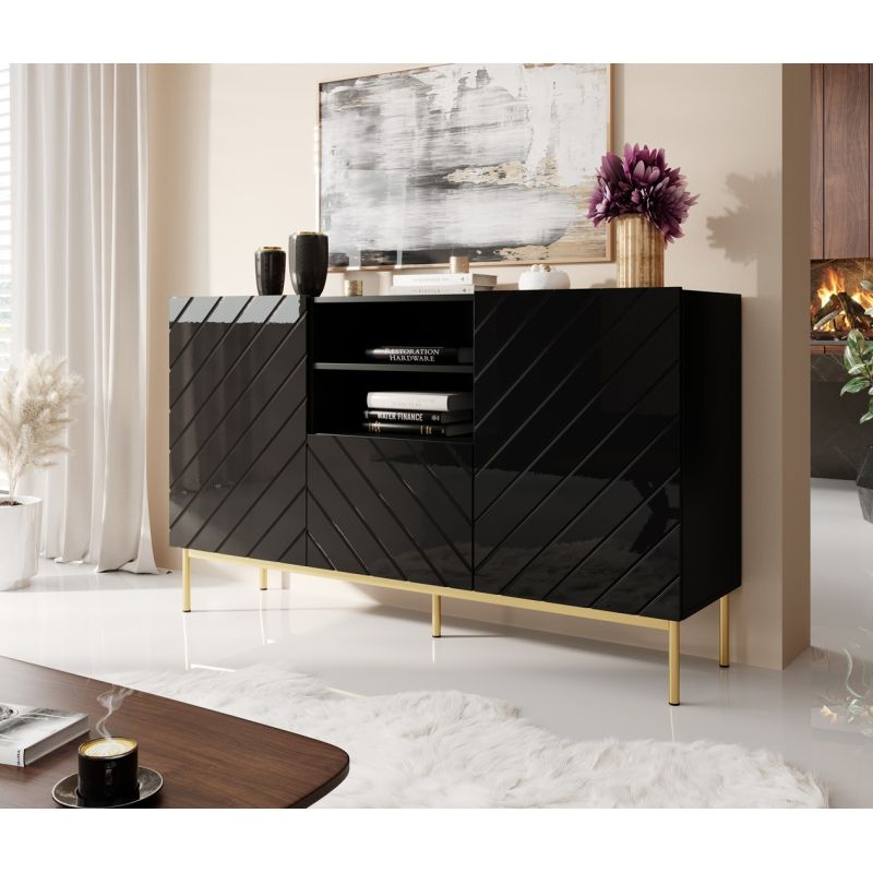 ABETO chest of drawers on a gold steel frame, 150x42x90, black/gloss black