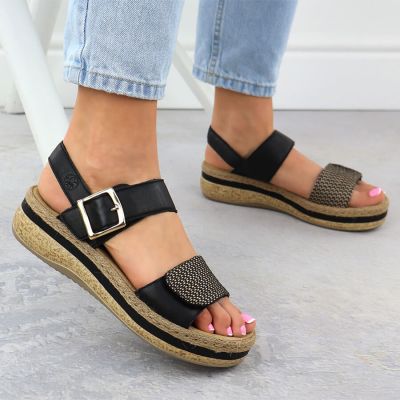 6. Women's leather wedge sandals with Velcro straps, black Rieker V0951