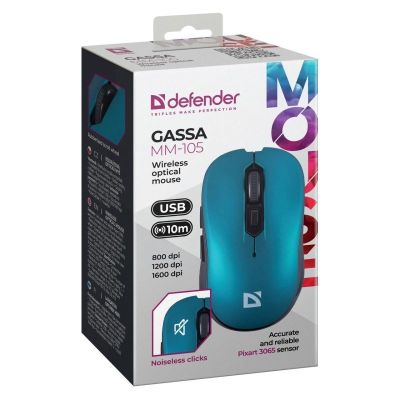 3. DEFENDER GASSA MM-105 RF Silent Click Wireless Mouse, Blue, 52102