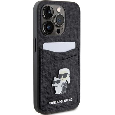 4. Karl Lagerfeld Saffiano Cardslot Karl&Choupette Metal Pin case for iPhone 15 Pro - black