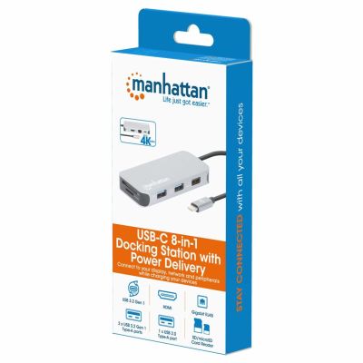 12. MANHATTAN 8-in-1 USB-C Docking Station with USB 3.2 Gen 1 Power Delivery Type-C Male to HDMI Female, Three USB-A Ports, Gigabit RJ45 Port, USB-C Power Delivery Port, SD/MicroSD Card Reader, Aluminum, Space Gray (13061)