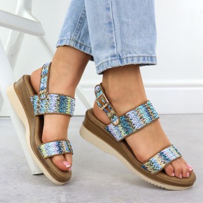 5. Women's wedge sandals, blue braided, Potocki 45302
