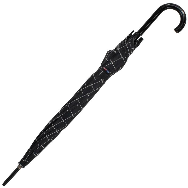 4. LONG SEMI-AUTOMATIC UMBRELLA WITH CURVED HANDLE, BLACK WITH WHITE CHECK PATTERN SEMI LINE