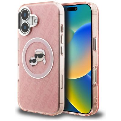 Karl Lagerfeld IML Glitter Karl & Choupette Heads Logo MagSafe iPhone 16 Case - Pink