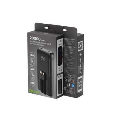 7. GEMBIRD POWERBANK 20000mAh, 20W FAST CHARGING, LCD DISPLAY, INTEGRATED CABLES, BLACK