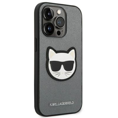 4. Karl Lagerfeld Saffiano Choupette Head Patch case for iPhone 14 Pro Max - silver