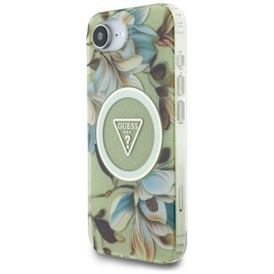 2. Guess IML Metal Glitter Flowers Triangle MagSafe iPhone 16e Case - Green