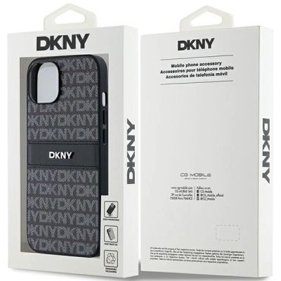 8. DKNY Leather Mono Stripe & Metal Logo Case for iPhone 15 Plus / 14 Plus - Black