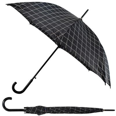 LONG SEMI-AUTOMATIC UMBRELLA WITH CURVED HANDLE, BLACK WITH WHITE CHECK PATTERN SEMI LINE