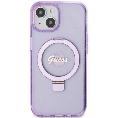 3. Guess Ring Stand Script Glitter MagSafe case for iPhone 15 Plus / 14 Plus - purple