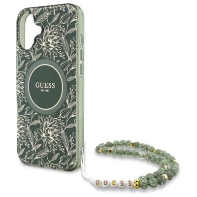 5. Guess IML Flowers Allover Electro With Pearl Strap MagSafe case for iPhone 16 Plus - green