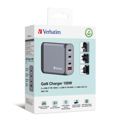 6. Verbatim GaN GNC-100 4-PORT 100W/USB A/C Mains Charger (EU/UK/US)