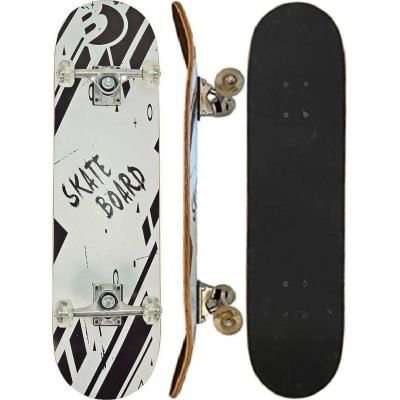 KID BLACK & WHITE WOODEN SKATEBOARD BEST SPORTING