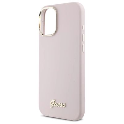 6. Guess Silicone Script Metal Logo & Frame iPhone 16 Plus Case - Pink