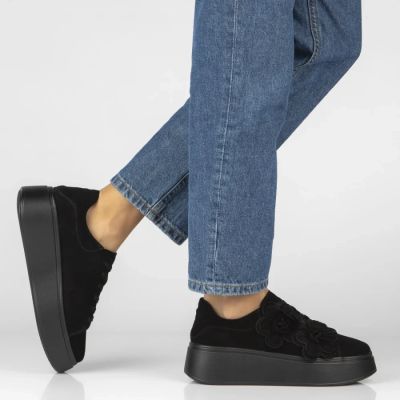8. Women's leather sneakers on a platform with flowers, suede, black Filippo DP8113