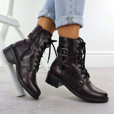 10. Women's burgundy ankle boots with buckle Rieker 75431-35