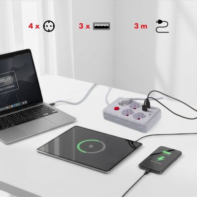 8. MACLEAN POWER STRIP, EXTENSION CORD 4 OUTLETS + 3XUSB, 110-240V AC 50/60HZ, 2.1A MAX 2500W, 3M, WHITE MCE393 W