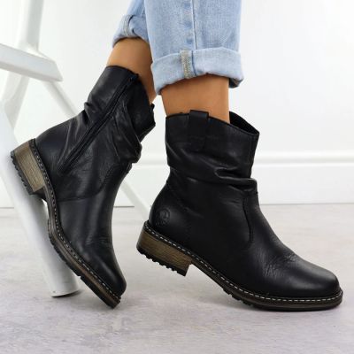 10. Rieker Z6883-00 Black Ruched Leather Women’s Ankle Boots