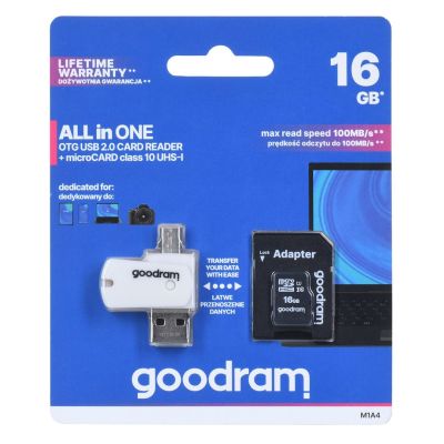 2. GoodRam All in one M1A4-0160R12 Memory Card with Adapter and Card Reader (16GB; Class 10; Adapter, MicroSDHC Card Reader, Memory Card)