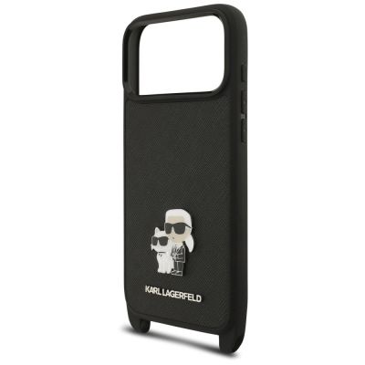 7. Karl Lagerfeld Saffiano Karl&Choupette Metal Pin CBDY Strap Case for iPhone 18 Pro / 17 Pro - Black