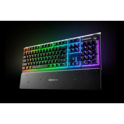 4. SteelSeries Apex 3 Gaming Keyboard, US Layout, Wired, Black SteelSeries Apex 3 Gaming keyboard IP32 water resistant for protection against spills, Customizable 10-zone RGB illumination reacts to games and Discord, Whisper quiet gaming switches last
