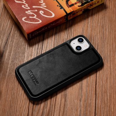 11. iCarer Leather Oil Wax case covered with natural leather for iPhone 14 Plus black (WMI14220719-BK)
