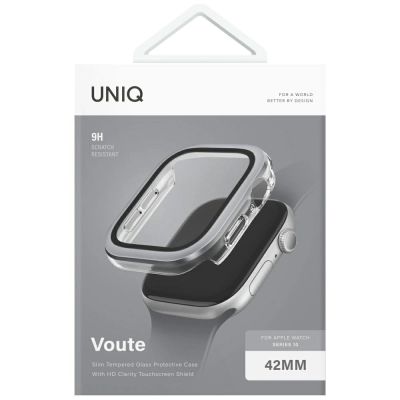 5. Uniq Voute Tempered Glass Case for Apple Watch 10 42 mm - Silver